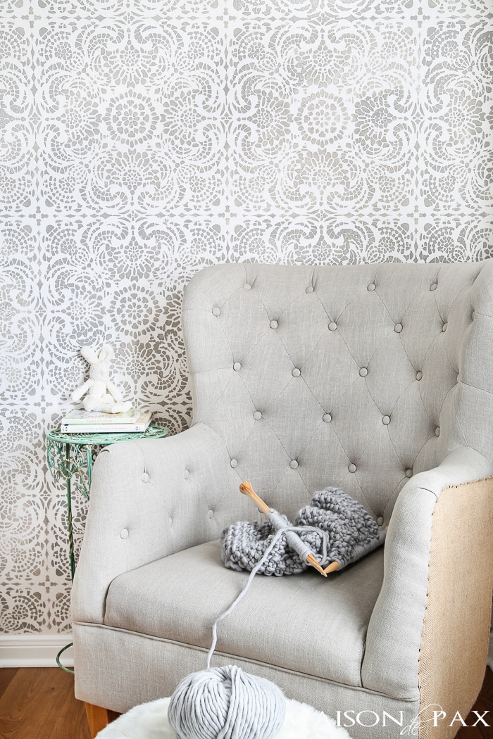 What a gorgeous accent wall! This wall stencil gives the elegant look of wallpaper with a beautiful, lace tile design in gray and white. Just gorgeous for a little girls room yet sophisticated enough for anywhere in the house | aiweb9ygdry.cmersite.com