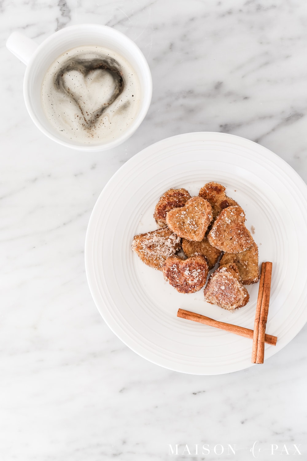 heart coffee and heart shaped french toast with cinnamon and sugar recipe #valentinesrecipe #valentinesbreakfast #hearttoast #frenchtoast