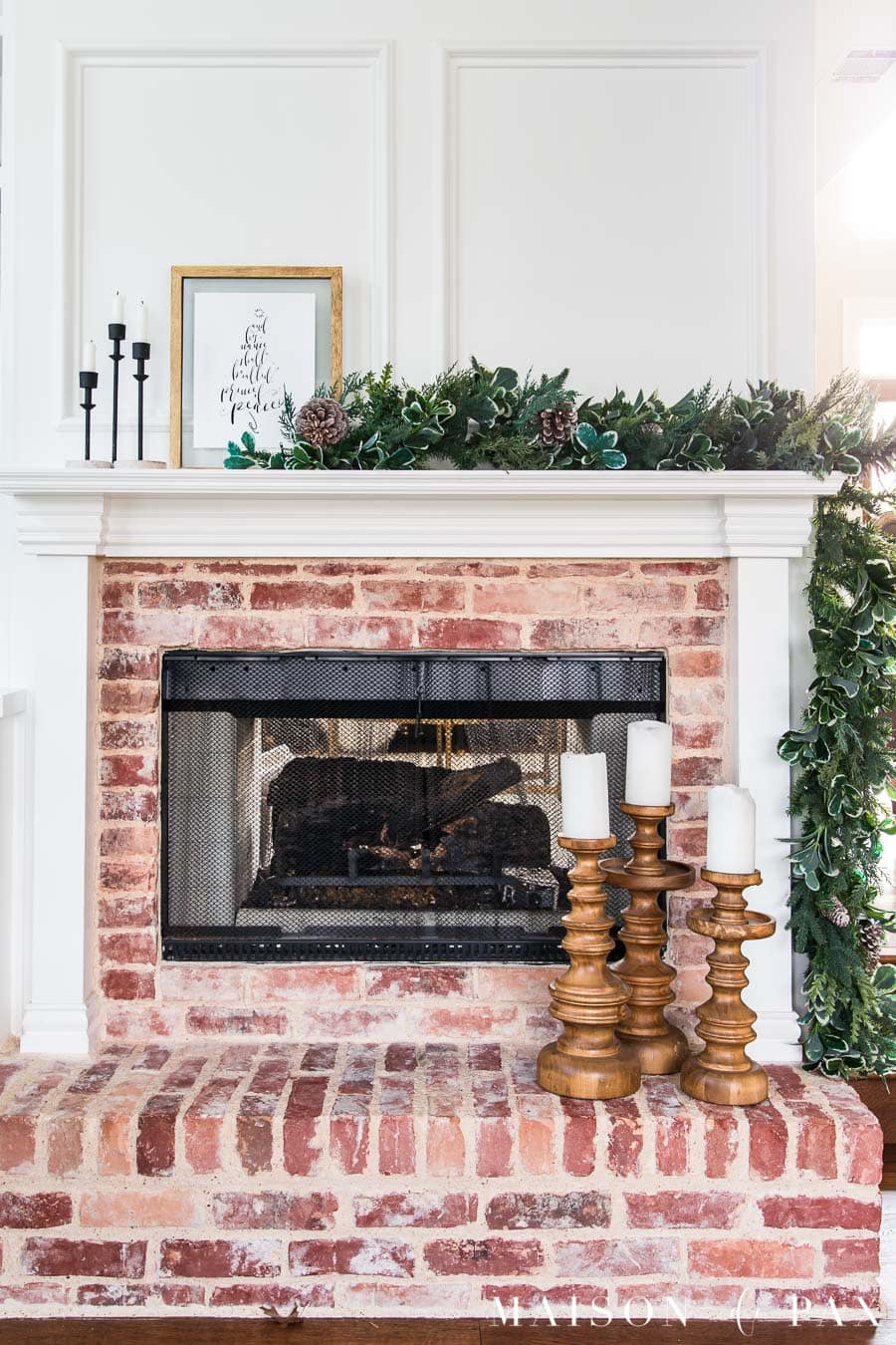 brick hearth with white mantel and christmas decorations | Maison de Pax