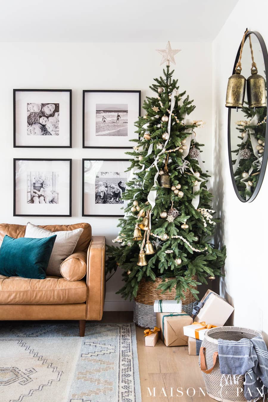 green tree with white ribbon, gold ornaments | Maison de Pax