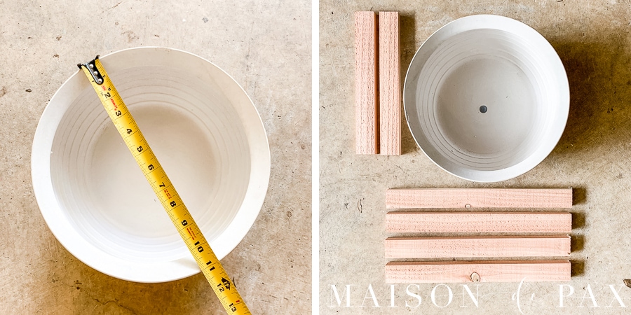measuring pot and cedar pieces for diy plant stand