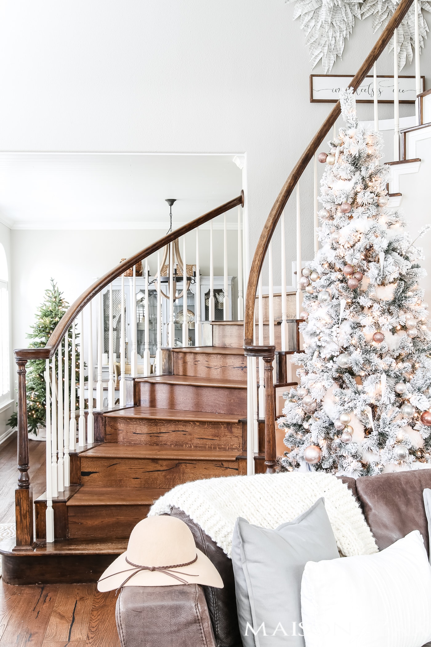 tall flocked tree decorated with copper and blush and white #blushtree