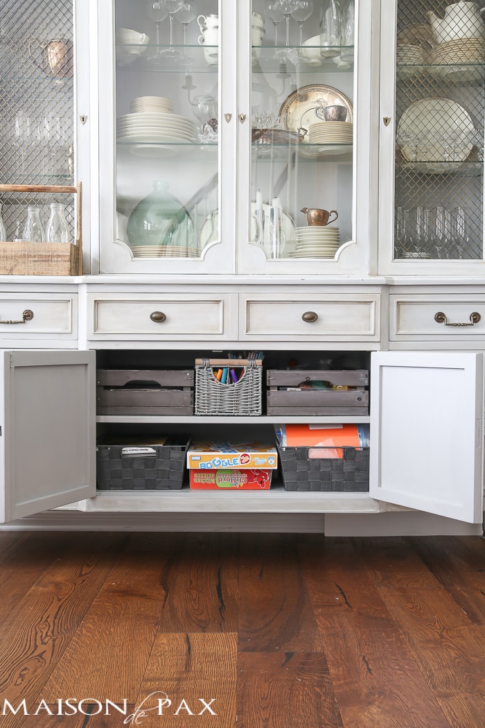 Brilliant! Tips for Organizing a Homework Space: use china cabinet space for art supplies so your dining room can double as a schoolroom