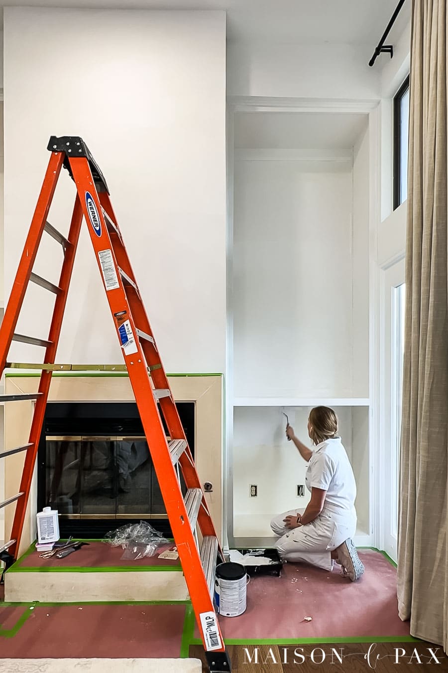 priming bookcases and freshly skim coated dryway