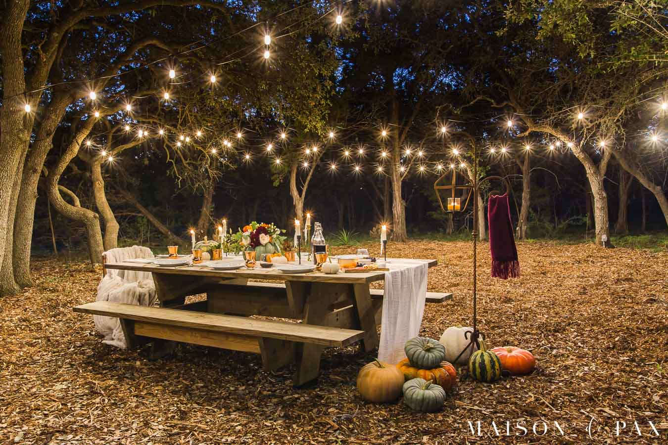 string lights over Thanksgiving table | Maison de Pax
