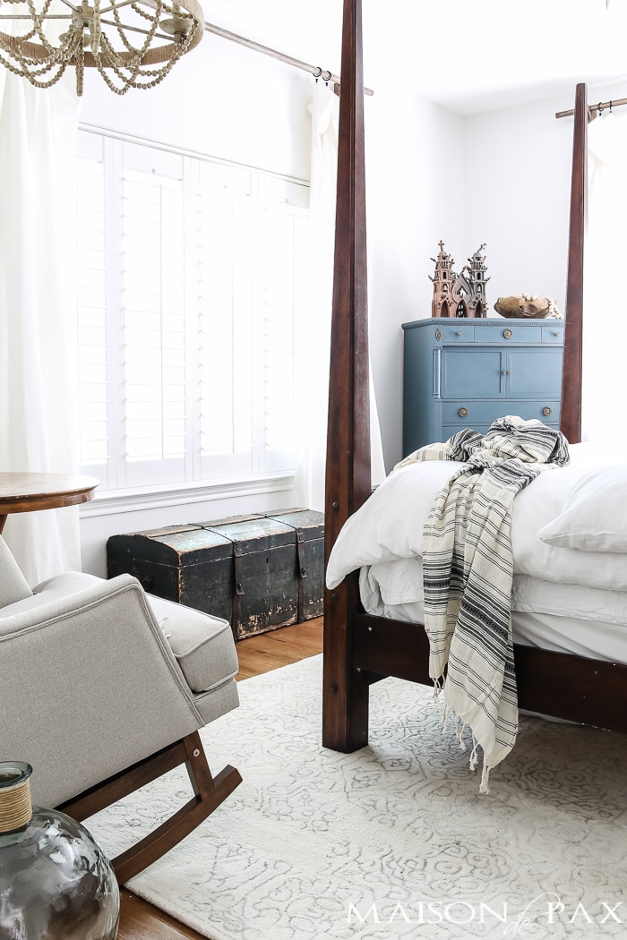Relaxed, natural, neutral master bedroom with lots of white and touches of boho texture... the perfect retreat!
