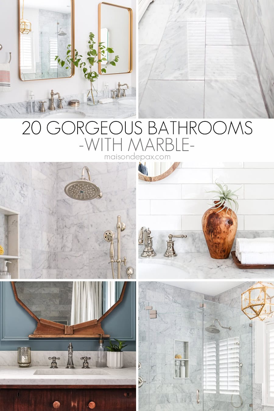 variety of images from different bathrooms with gray and white marble