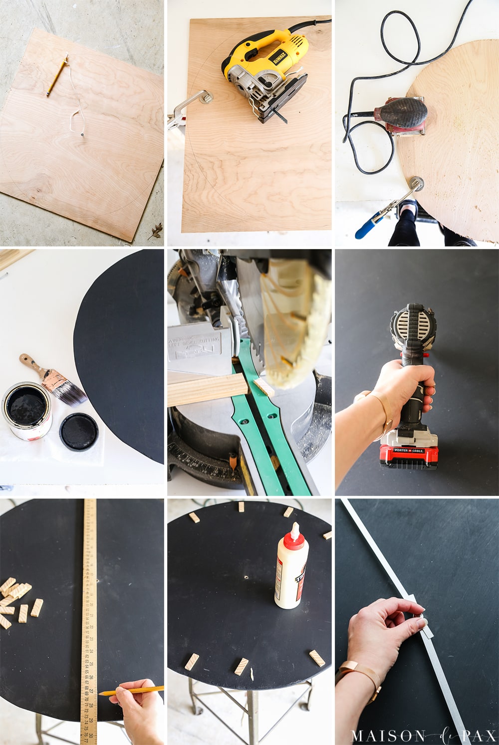 Looking for fun, dramatic, rustic modern wall art?  Get the full tutorial on how to make this DIY black and wood giant wall clock for cheap! #wallart #diywallart #diyclock #wallclock #giantclock #modernfarmhouse #neutraldecor #kidsroom #boyroom #modernfarmhouse #blackandwhiteinteriors