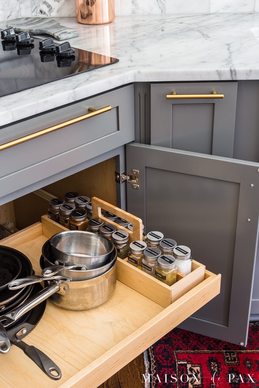 cabinet pull out with pots and pans and spice organizer- Maison de Pax
