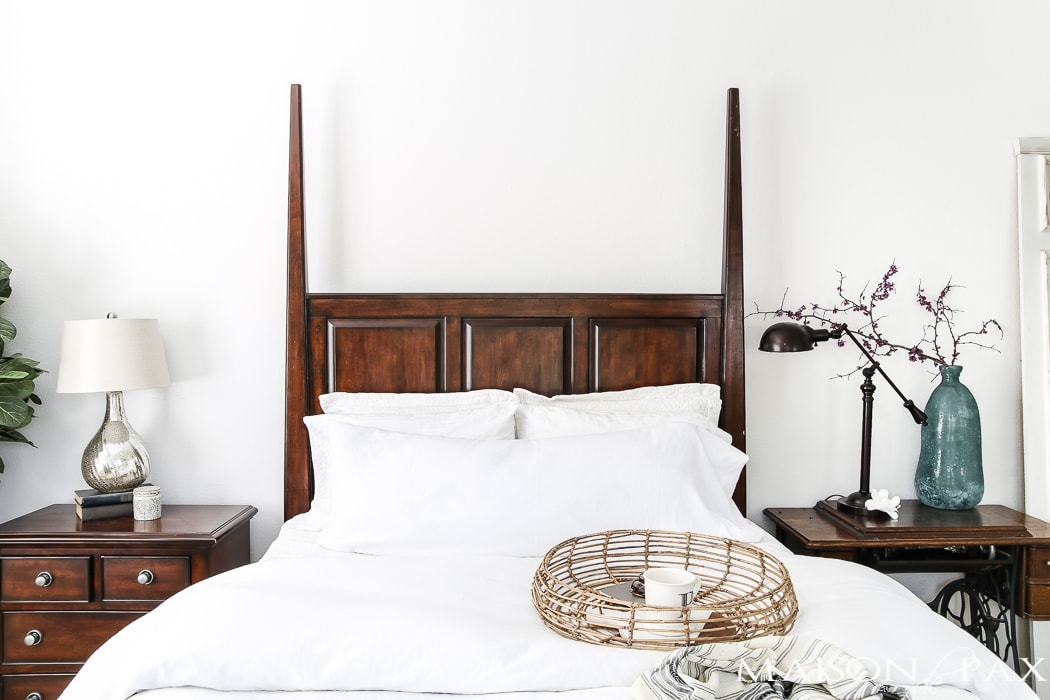 Relaxed, natural, neutral master bedroom with lots of white and touches of boho texture... the perfect retreat!