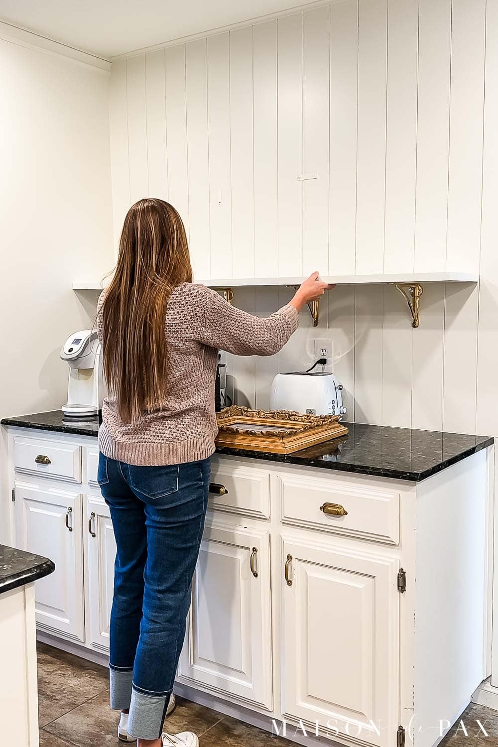 secure wood to bracket for open kitchen shelving