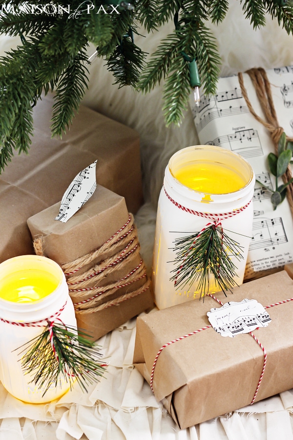 Mason jar luminaries under the Christmas tree - Maison de Pax