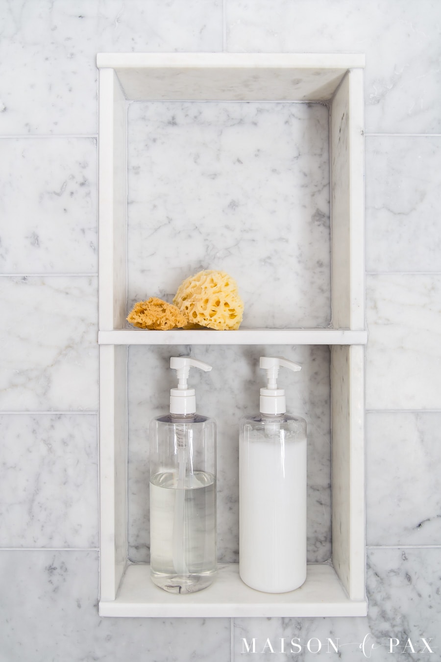 honed carrara marble shower shelf inset | Maison de Pax
