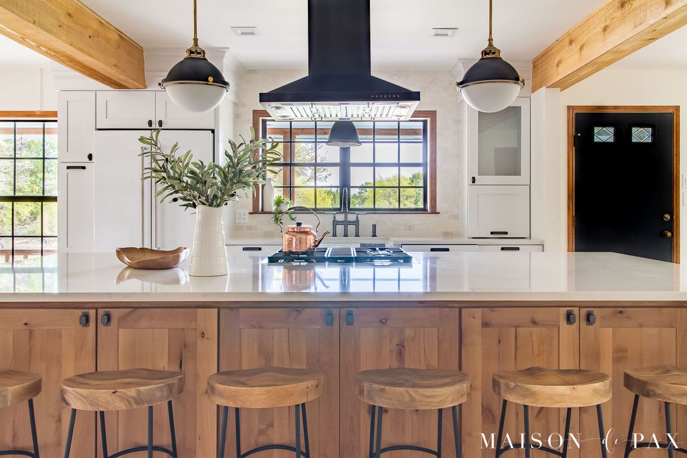 modern farmhouse kitchen with wood island and white countertops | Maison de Pax