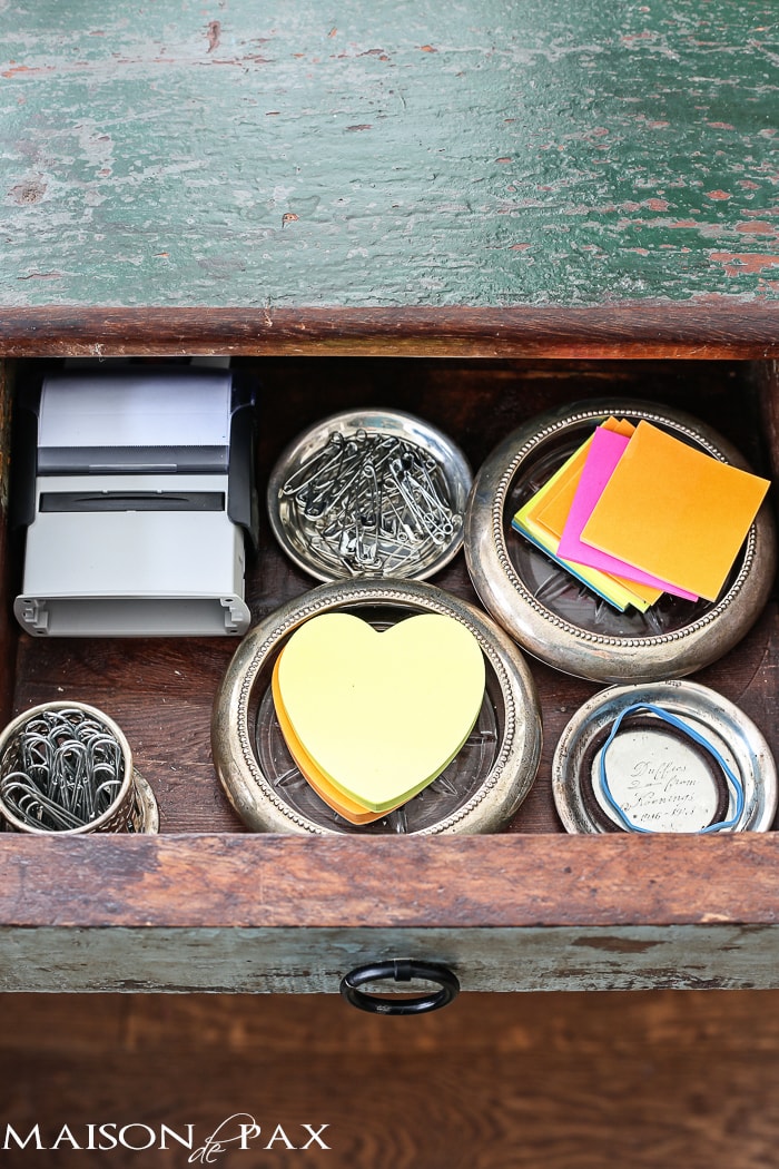 tip for functional desk storage: use small containers like this vintage silver to subdivide your drawers | aiweb9ygdry.cmersite.com
