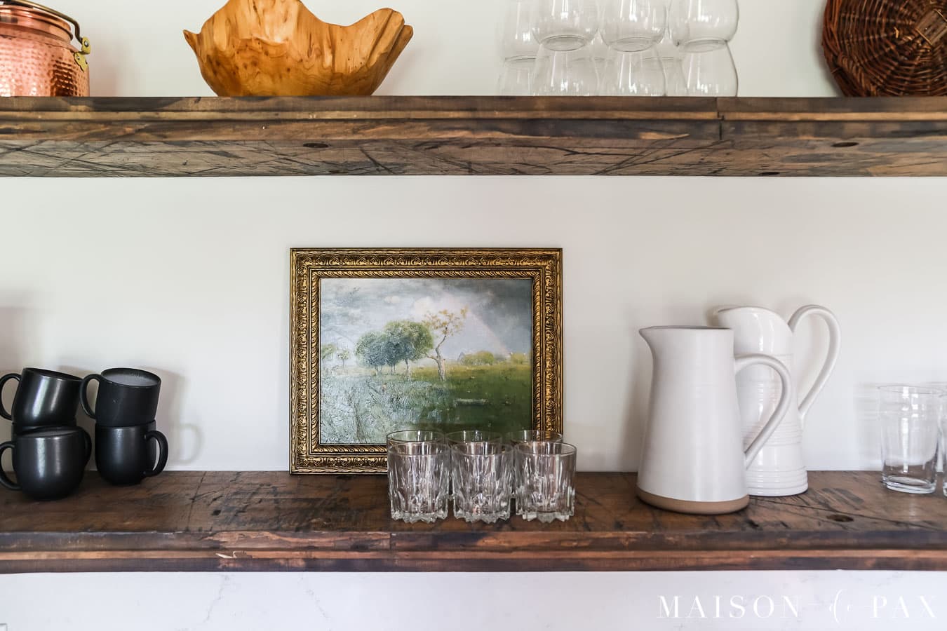 how to make an art print look like an oil painting for display on open kitchen shelving