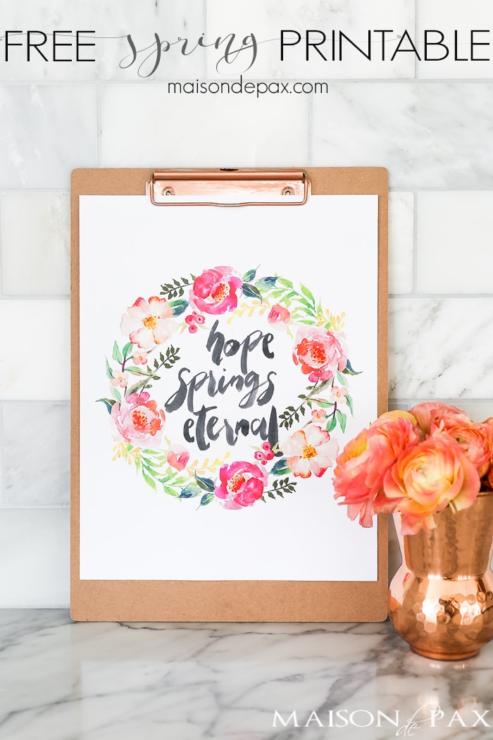 Free Spring Printable! "Hope Spring Eternal" - this watercolor inspirational saying is perfect for spring decor. Click to download your own copy and find 29 other free spring printables!