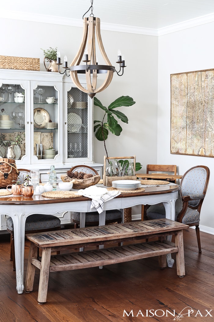 beautiful french dining room with classic french country dining furniture balanced by a rustic bench | aiweb9ygdry.cmersite.com