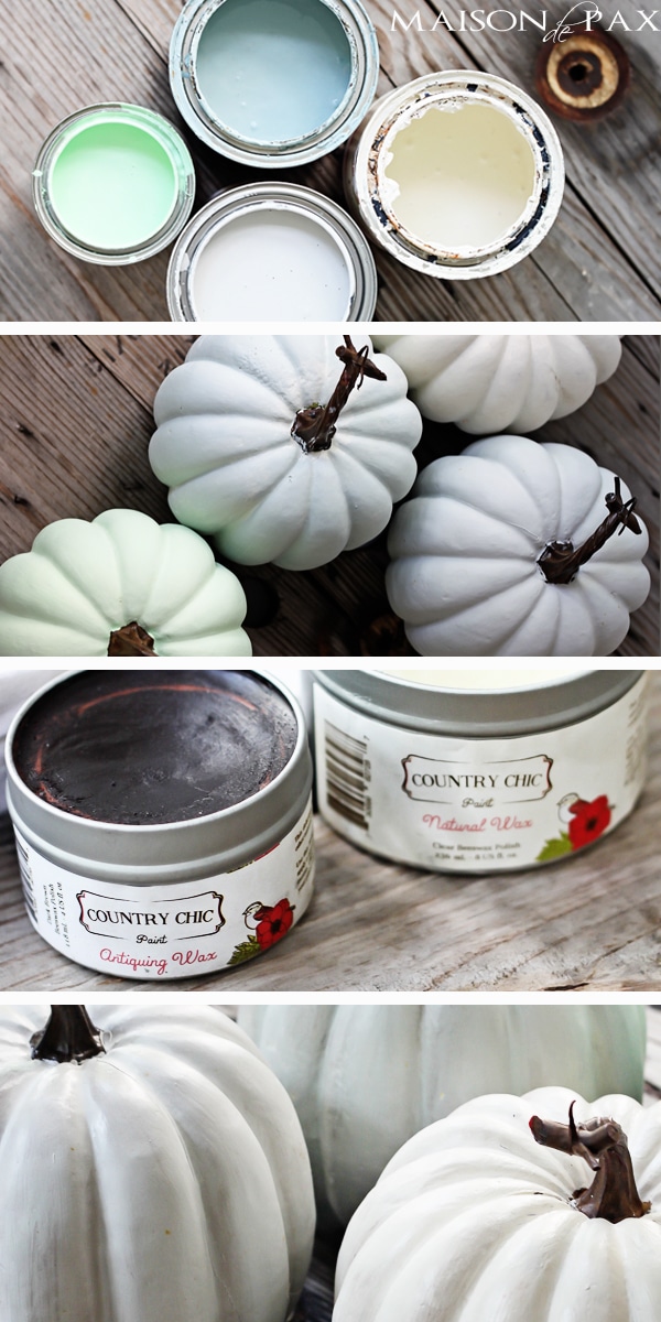 Try this paint and wax technique to make plastic pumpkins look like real heirloom pumpkins via aiweb9ygdry.cmersite.com #fall #paint #diy