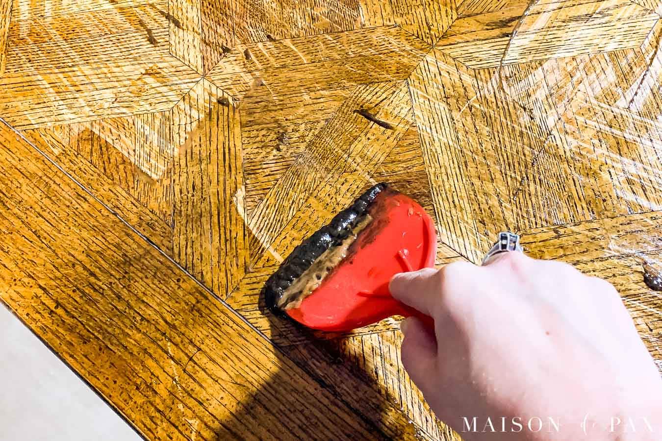 using citrus stripper to remove old varnish and wood stain | Maison de Pax