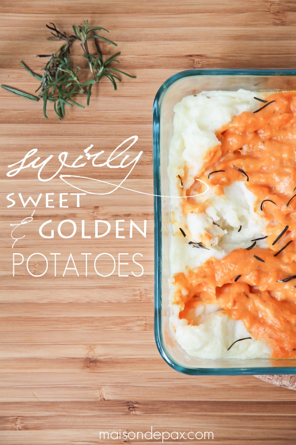 Deliciously seasoned sweet and golden potatoes. Swirled. Baked. You'll never make two separate dishes again! via aiweb9ygdry.cmersite.com #recipe #mashed #potatoes #sweet #thanksgiving #fall