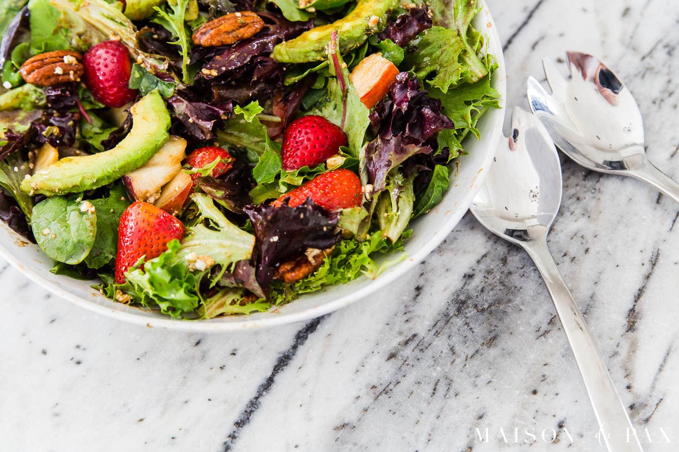mixed greens salad with avocado, pecans, feta, and more | Maison de Pax
