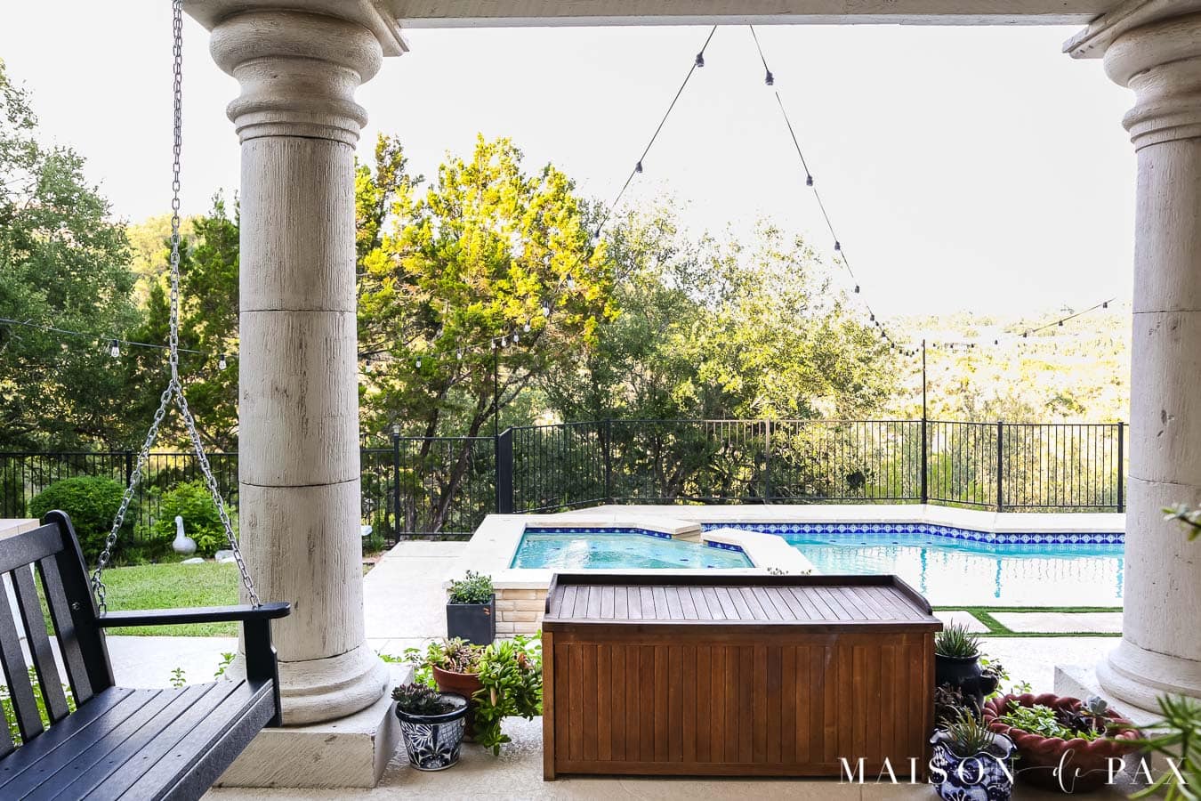 wooden pool toy storage box doubles as seating