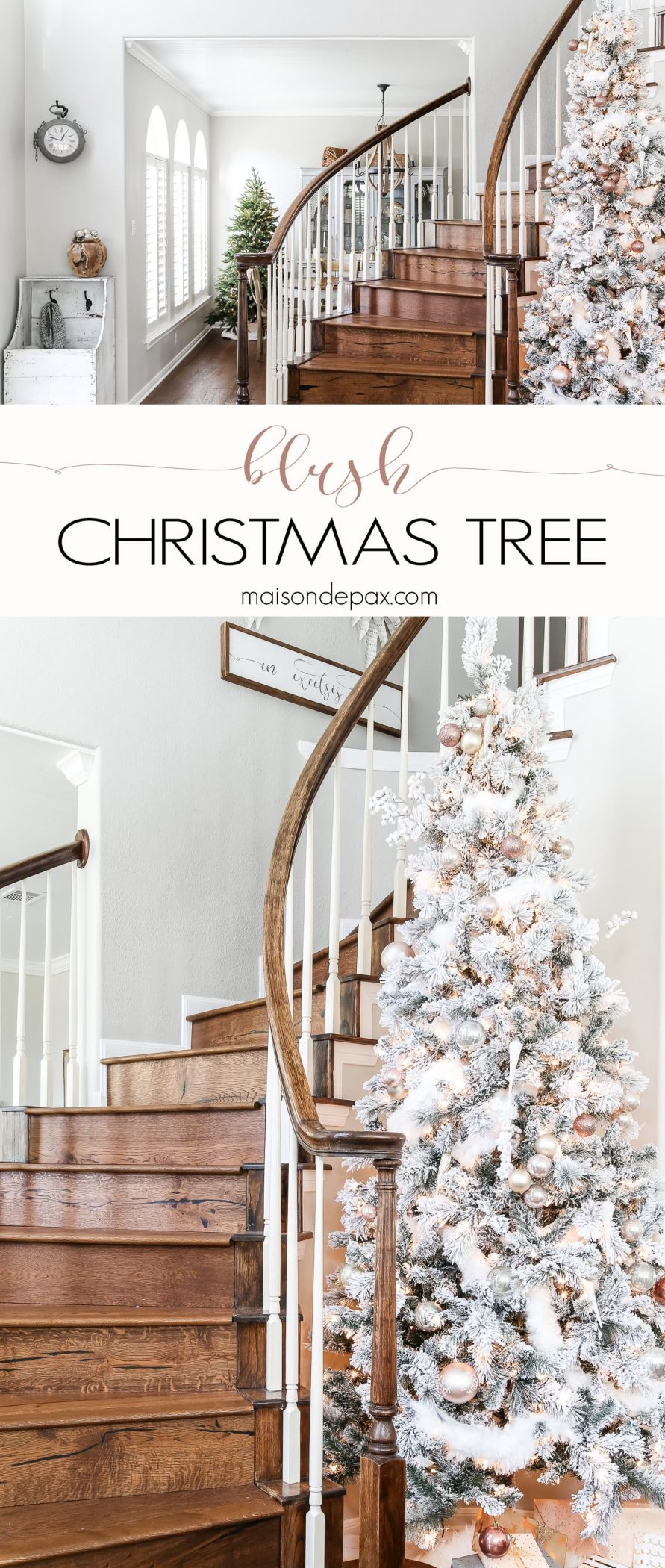 This blush flocked Christmas tree is a soft, almost neutral spin on a traditional holiday tree.  Find out how to get the look of this blush Christmas tree the easy way! #blushchristmastree