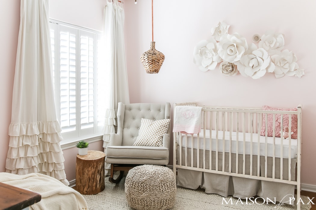 Looking for soft, feminine, modern nursery decor? With tons of textured neutrals and copper accents, this blush nursery is both sweet and sophisticated. Get ideas and inspiration for DIY projects and sources for your little girl's nursery!