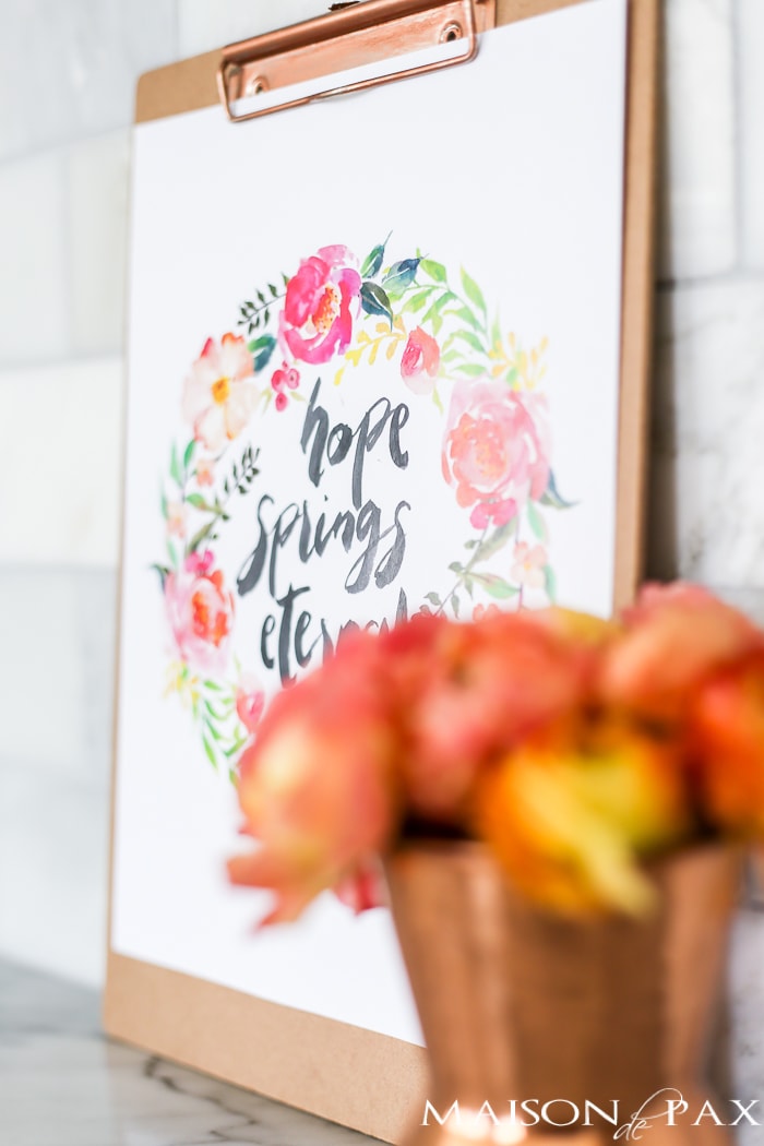 Free Spring Printable! "Hope Spring Eternal" - this watercolor inspirational saying is perfect for spring decor. Click to download your own copy and find 29 other free spring printables!