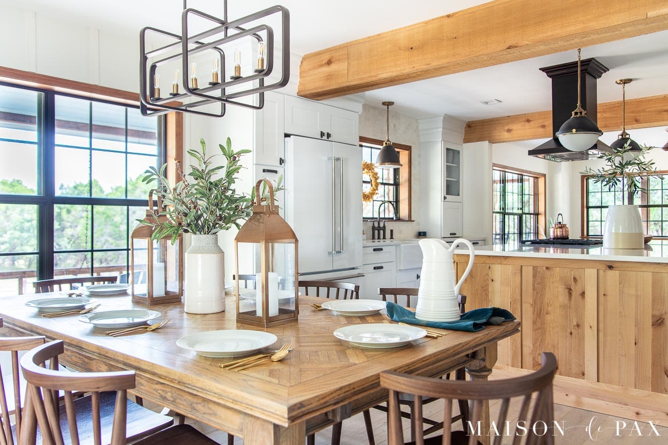 wood table white kitchen black windows wood island | Maison de Pax
