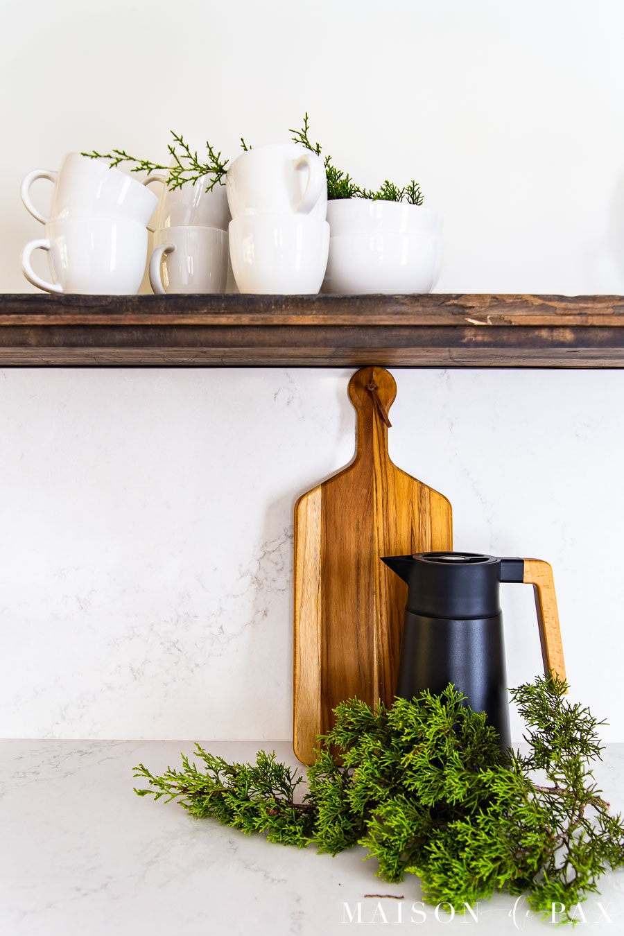 fresh cedar clippings on kitchen counter for holiday decor | Maison de Pax