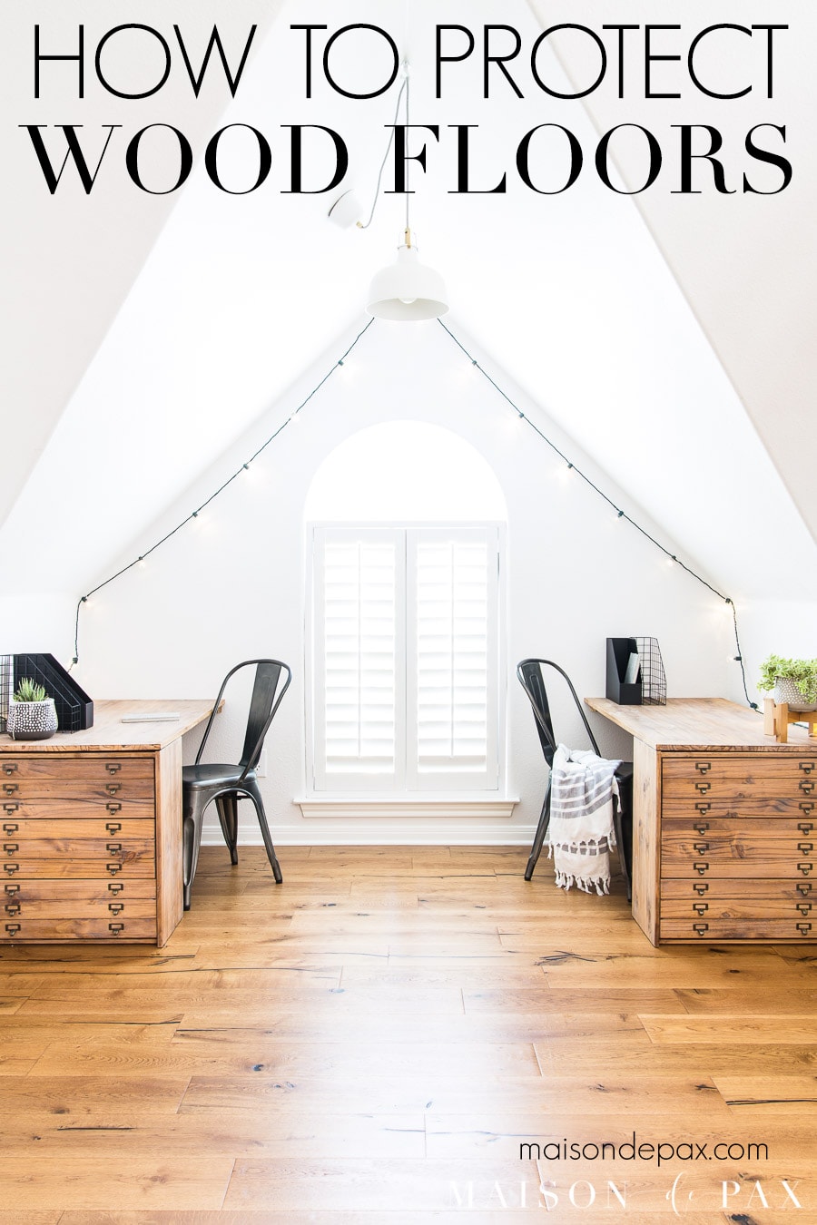 white office with rustic wood flooring | Maison de Pax