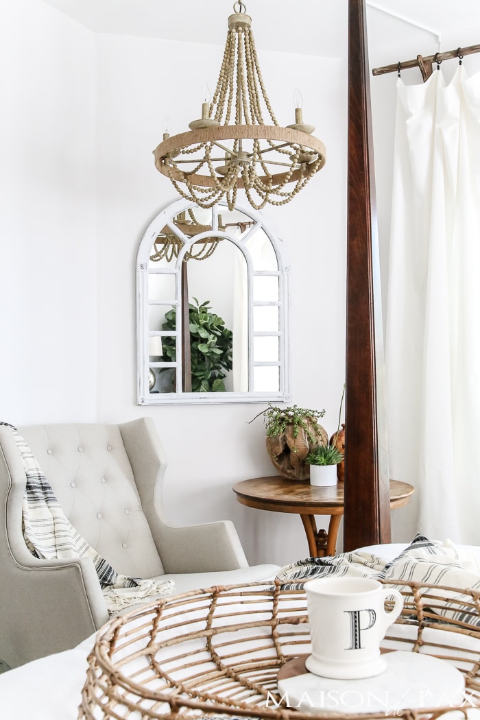 Relaxed, natural, neutral master bedroom with lots of white and touches of boho texture... the perfect retreat!