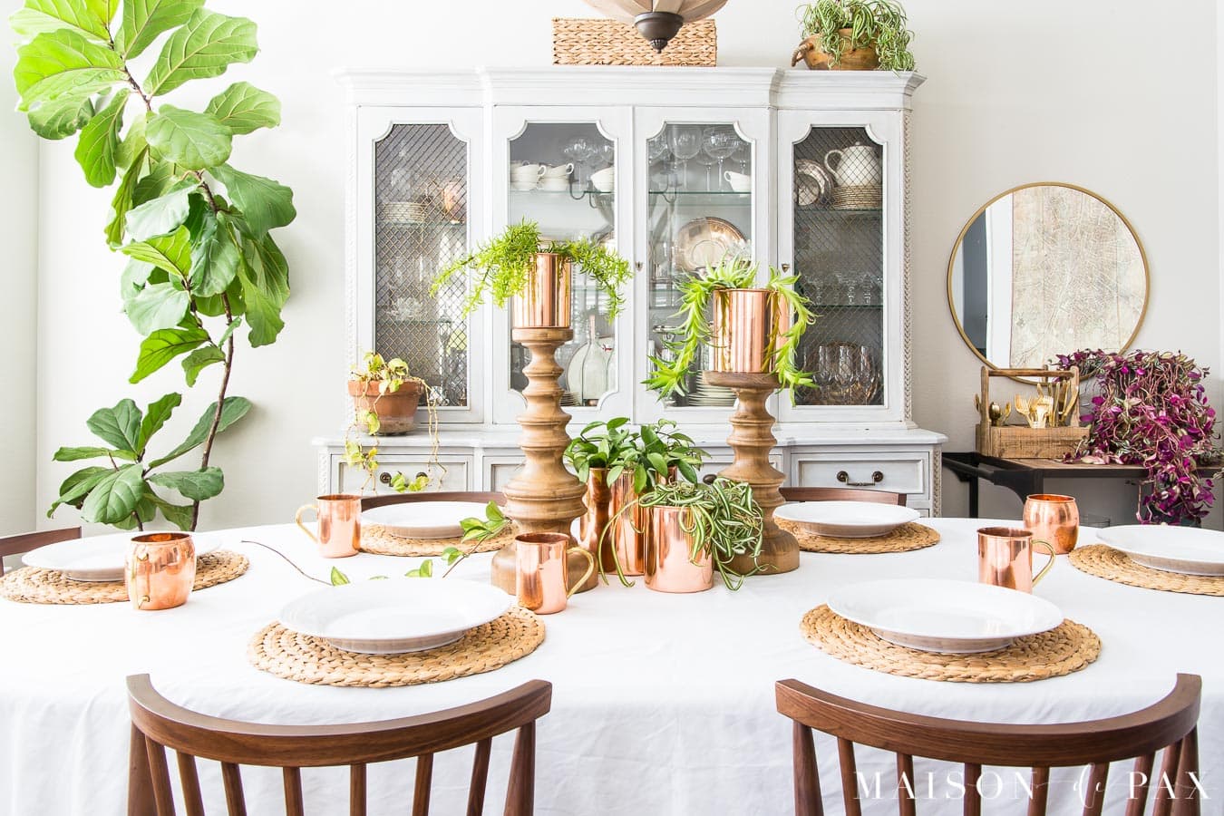 copper canisters and succulents make an easy dining room table centerpiece | Maison de Pax