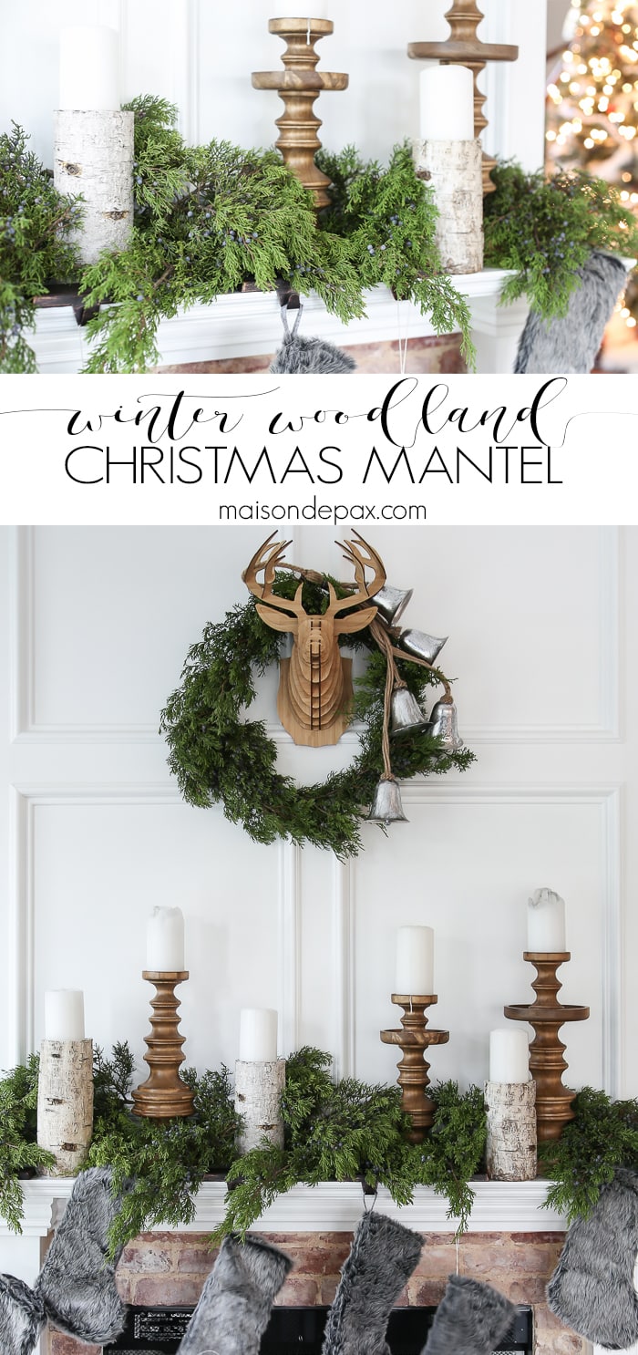 Winter Woodland Christmas Mantel: Looking for mantel decorating ideas? Some fresh cut cedar, candlesticks, and a faux deer mount creates the perfect holiday decor.