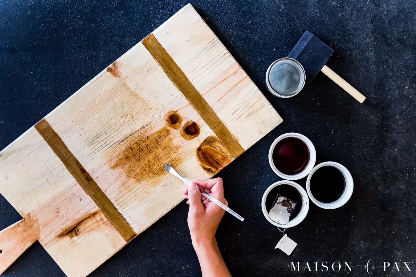 staining diy charcuterie board with natural stains | Maison de Pax