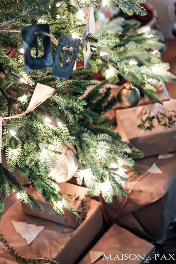 Love this simple Christmas tree decorating idea! Book page bunting and ornaments with stenciled words... Simple and beautiful! via aiweb9ygdry.cmersite.com