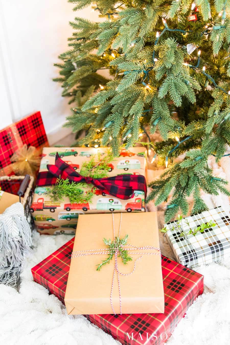 coordinated wrapping papers with red plaid, Kraft paper, and holiday patterns | Maison de Pax