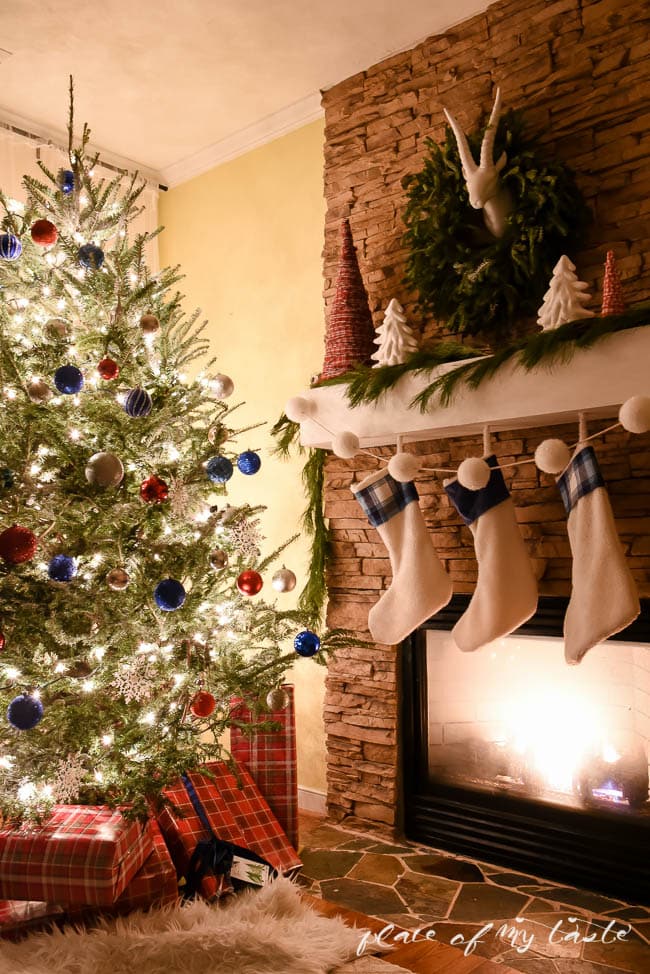 Gorgeous night time fireplace and Chrsitmas tree!