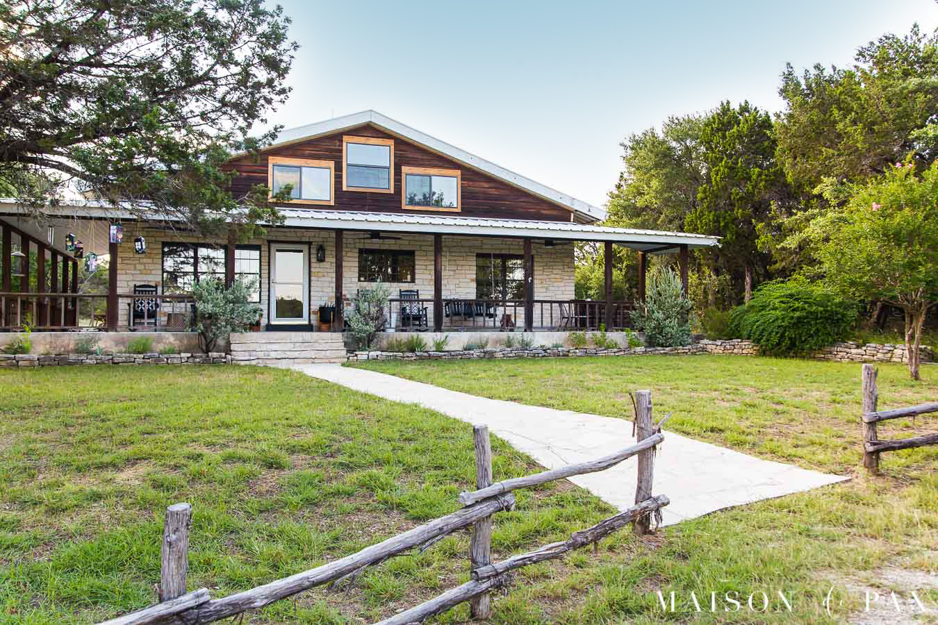 farmhouse porch with cedar railing and porch fans | Maison de Pax