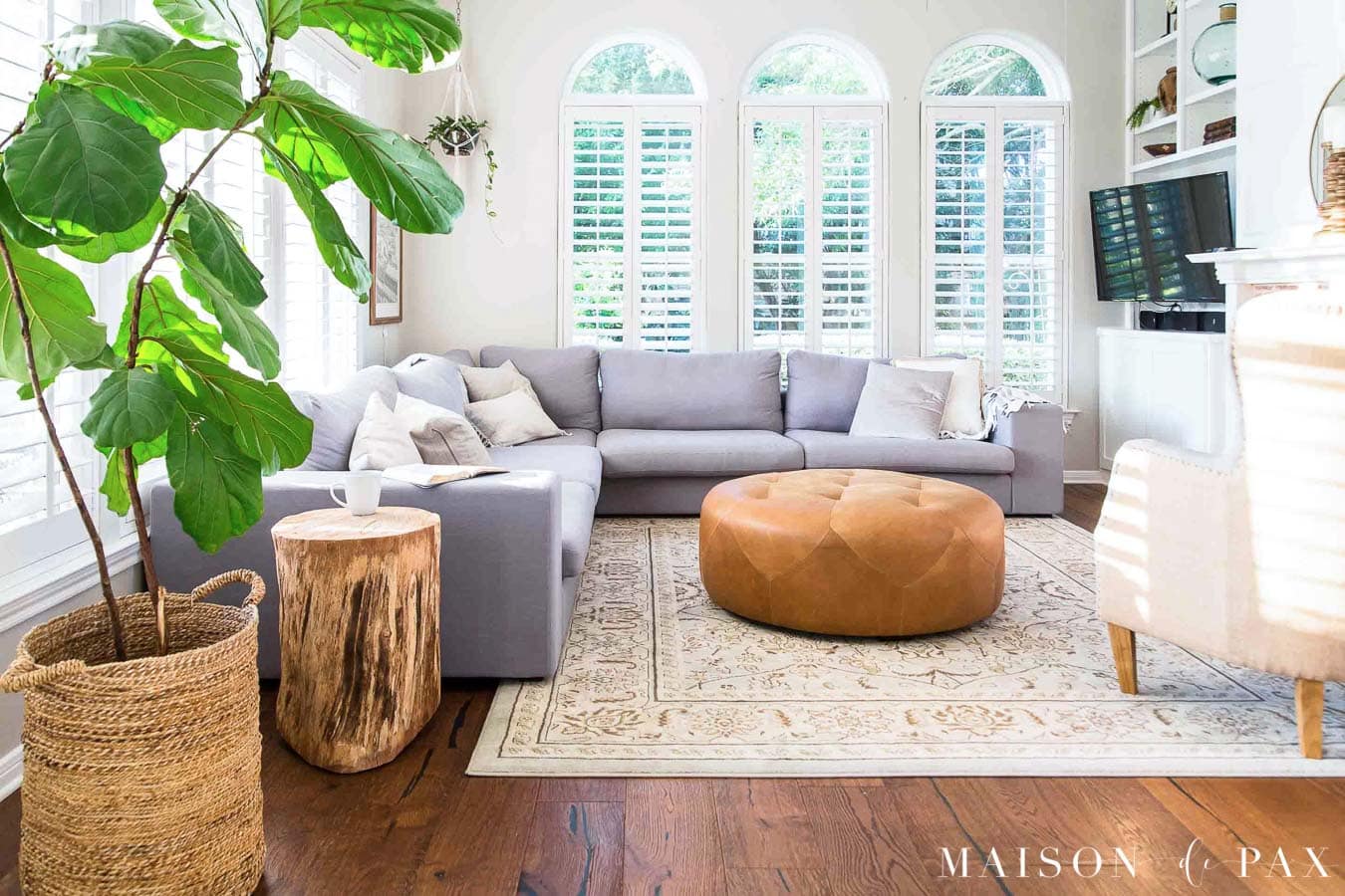 family room with big gray sectional