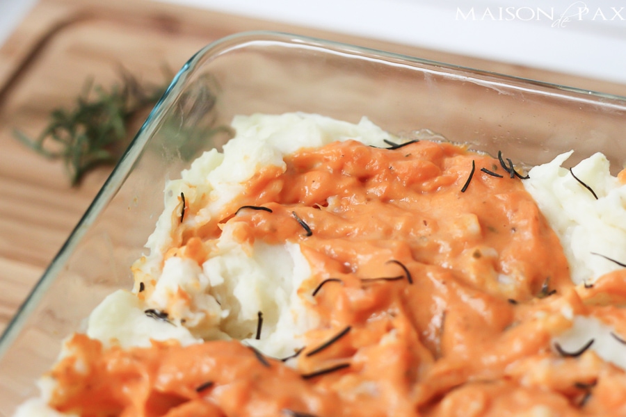 Deliciously seasoned sweet and golden potatoes. Swirled. Baked. You'll never make two separate dishes again! via aiweb9ygdry.cmersite.com #recipe #mashed #potatoes #sweet #thanksgiving #fall