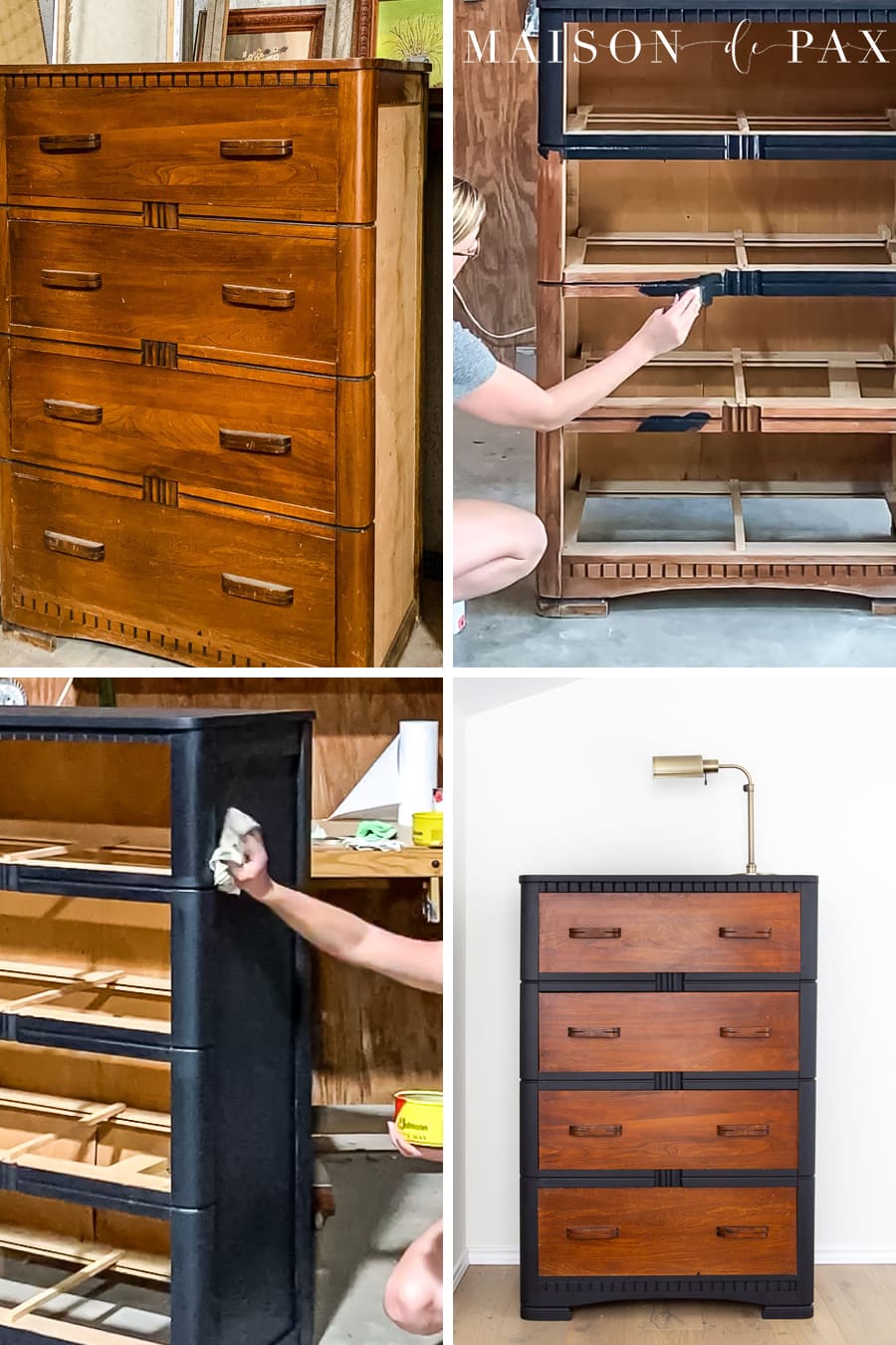 process pictures of someone chalk painting a dresser