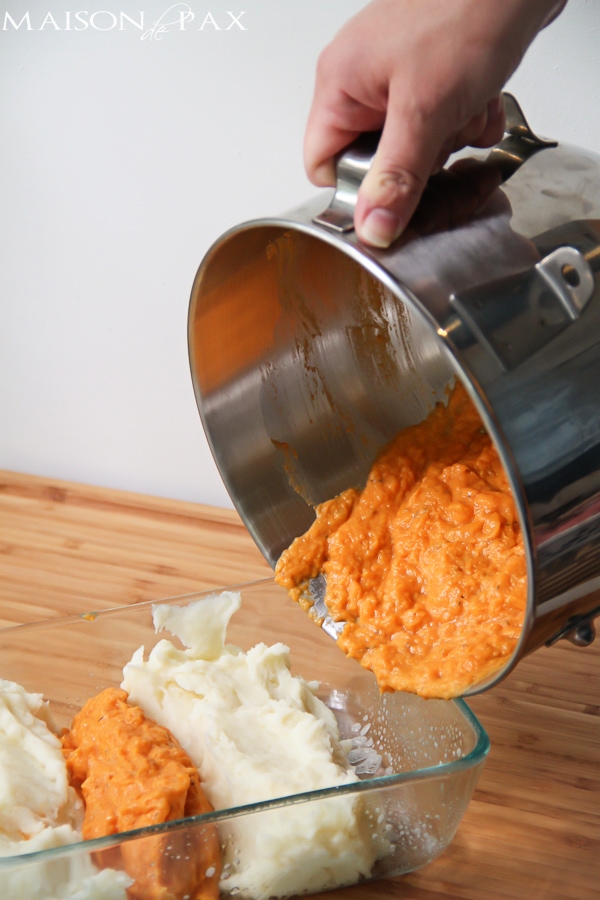 Deliciously seasoned sweet and golden potatoes. Swirled. Baked. You'll never make two separate dishes again! via aiweb9ygdry.cmersite.com #recipe #mashed #potatoes #sweet #thanksgiving #fall