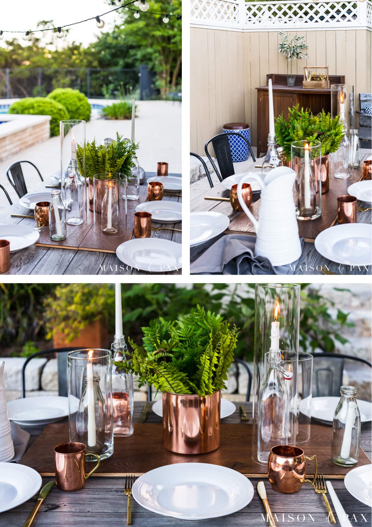 fern and succulent centerpiece: a perfect idea for an outdoor summer table! See more outdoor summer entertaining ideas. #outdoordining #outdoorentertaining #summer #summerentertaining