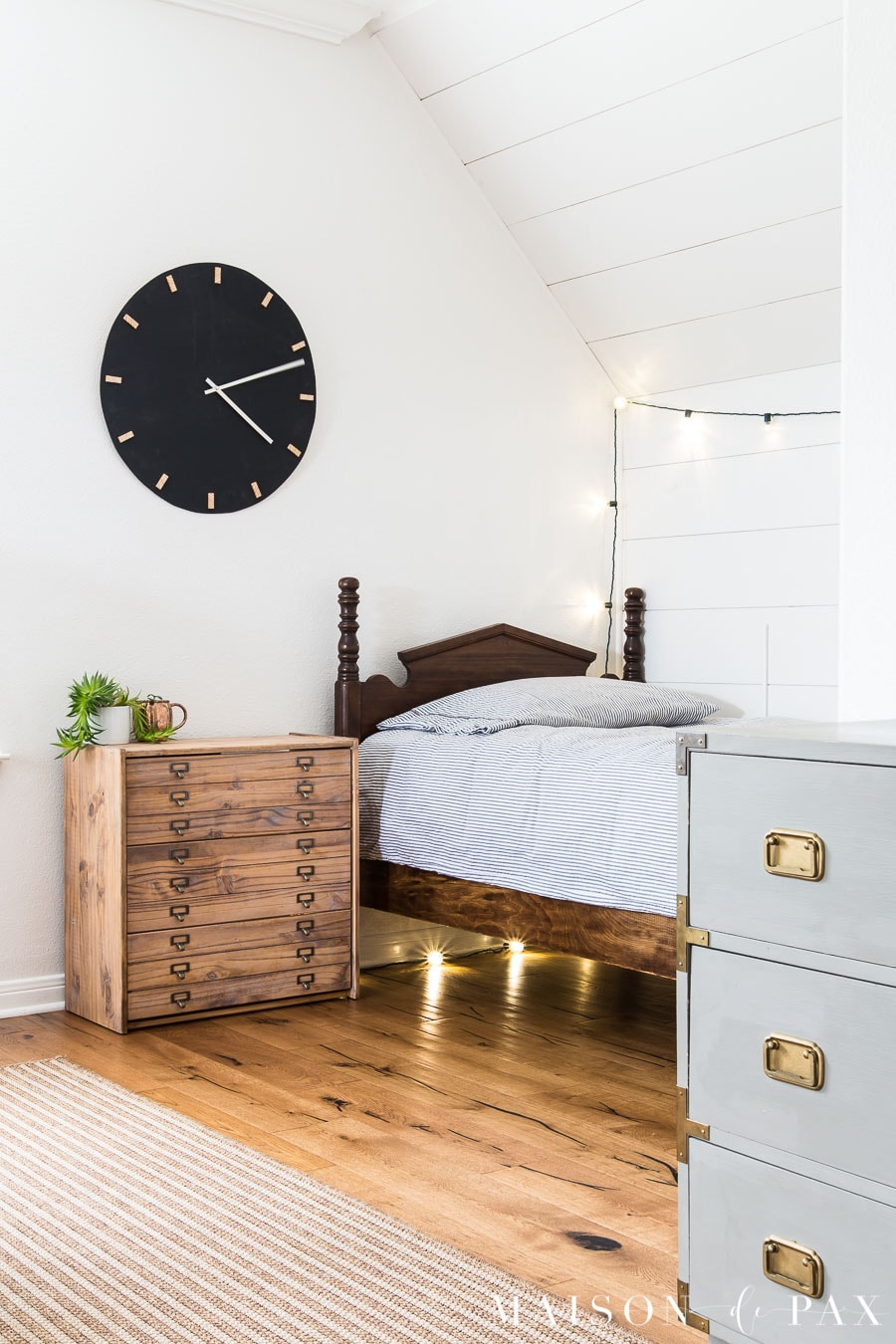 antique twin bed with faux printers cabinet nightstand