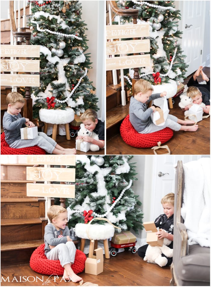 Love this red and white winder wonderland Christmas tree! And you'll never believe what that white garland is...