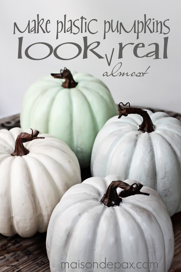 Try this paint and wax technique to make plastic pumpkins look like real heirloom pumpkins via aiweb9ygdry.cmersite.com #fall #paint #diy