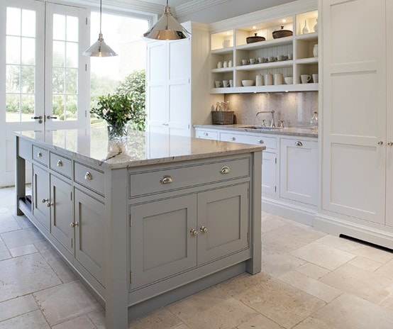 white kitchen with gray island